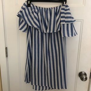 Off-the-Shoulder Blue & White Striped Dress